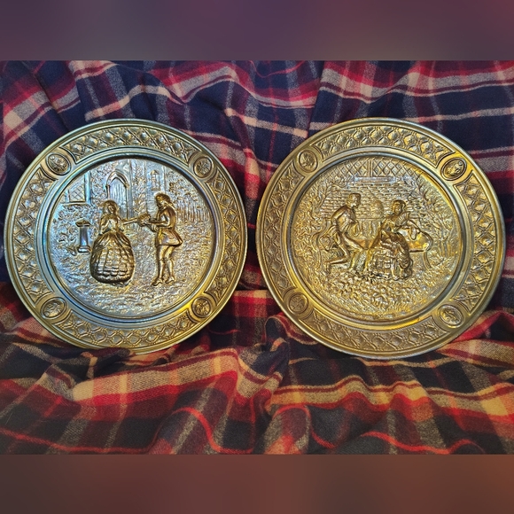 Vintage Brass Lombard England Plates, Lovers Scene, Wall Decor Art